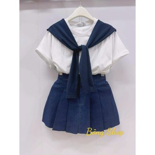  Sét chân váy jean bé gái3 chi tiết  chân váy xếp ly cùng áo phông cộc tay kèm khăn rời cho mẹ và bé gái từ 12kg đên 60kg 