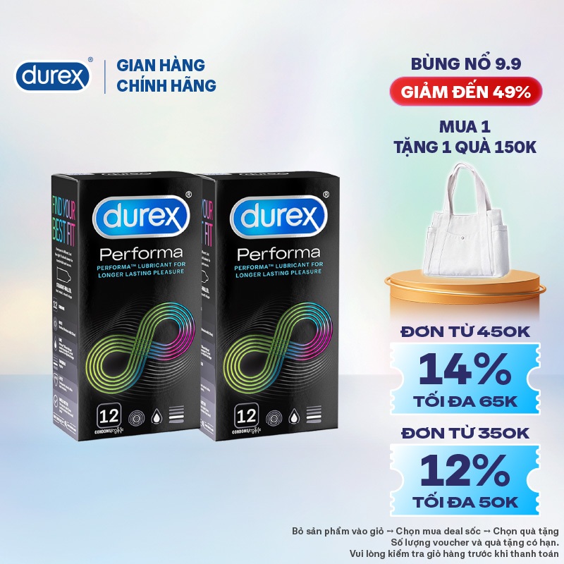 Bộ 2 hộp Durex Performa kéo dài thời gian, size 52mm, hộp 12 bao