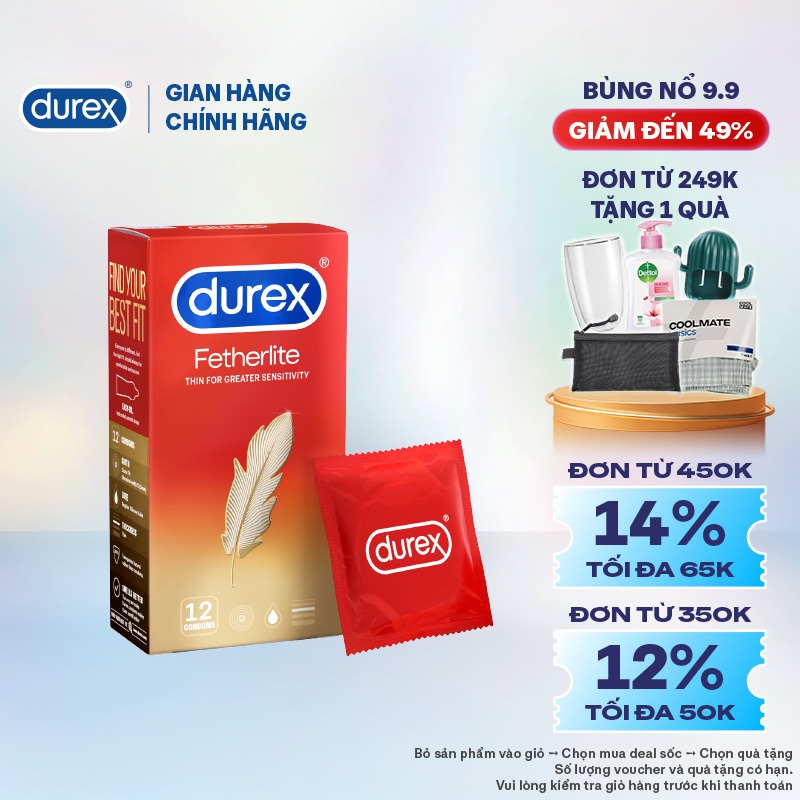Bao cao su Durex Fetherlite siêu mỏng, size 52.5mm, 12 bao/hộp