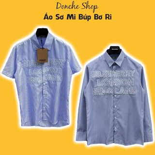 Áo Sơ Mi Búp Bơ Ri Kẻ Xanh Thêu Chữ To Siêu Đẹp - Áo Sơ Mi Nam Nữ Bê Bê Rờ Chất Cotton Cao Cấp TT015