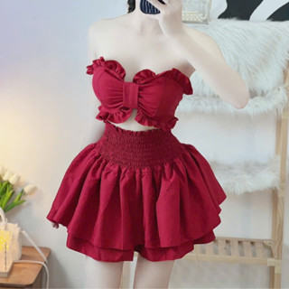 Set áo nhún hình nơ ôm body và chân váy nhún eo hai tầng phối đồ sexy TN FUNNY, set đồ nữ phong cách trẻ trung gợi cảmS1