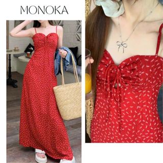 Váy 2 dây đi biển hoa nhí maxi đỏ nhún ngực có dây thắt nơ dáng xòe chiết eo tôn dáng Đầm nữ dáng dài bánh bèo T528G