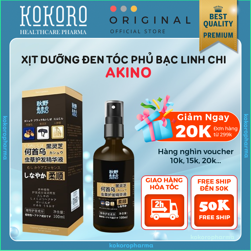 Xịt Đen Tóc Akino Nhật Bản - Xịt Đen Tóc Linh Chi Akino Giúp Phủ Bạc, Nuôi Tóc Đen, Dày, Bóng Mượt