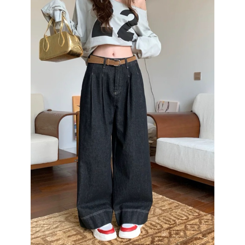 CITRA - Quần jeans đen suông gấu cao chỉ nổi