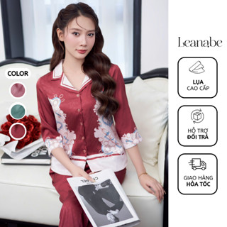 Bộ Ngủ Pyjama Nữ Lụa Vân Gỗ Cao Cấp Áo Tay Lỡ Quần Dài, Bộ Mặc Nhà Nữ Thu Đông Lụa Dài Tay Leanabe Homewear 24V10