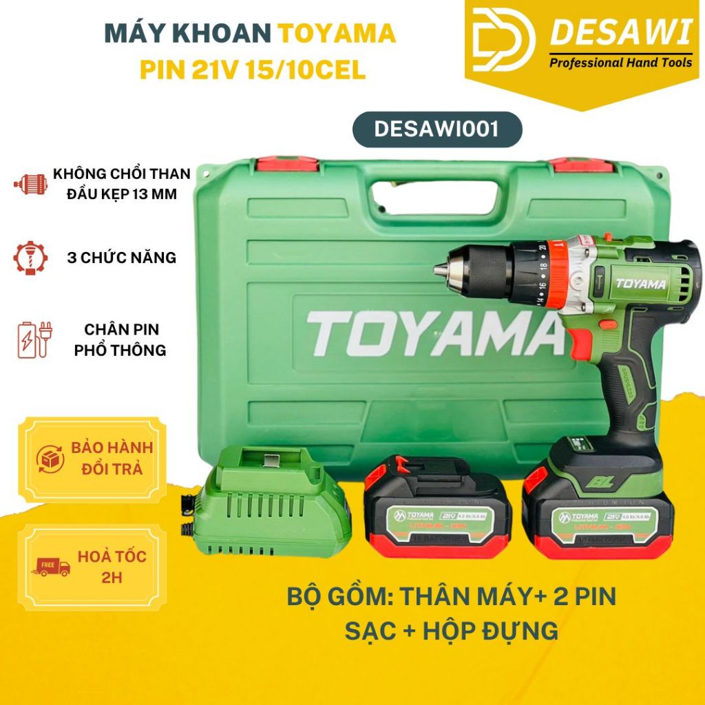 Máy khoan DESAWI TOYAMA 21V Đầu Kẹp 13mm Auto Lock Motor Không Chổi Than Chân Phổ Thông Siêu Khoẻ DESAWI001