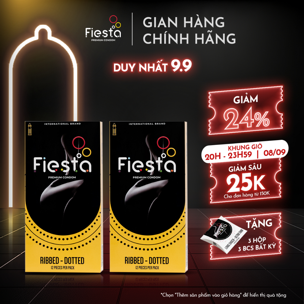 Combo 2 hộp bao cao su gân, gai, bo đầu FIESTA Ribbed Dotted size 51mm – Hộp 12 bao