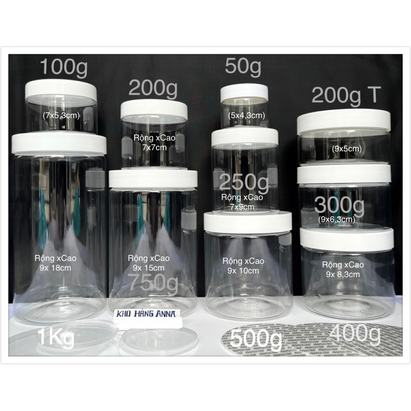 Hủ Lọ CHIẾT MĨ PHẨM( SET 5 hỦ) NẮP TRẮNG / ĐEN - Hủ Nhựa trong suốt đựng kem , đựng thực phẩm 100g / 200g / 300g / 500g