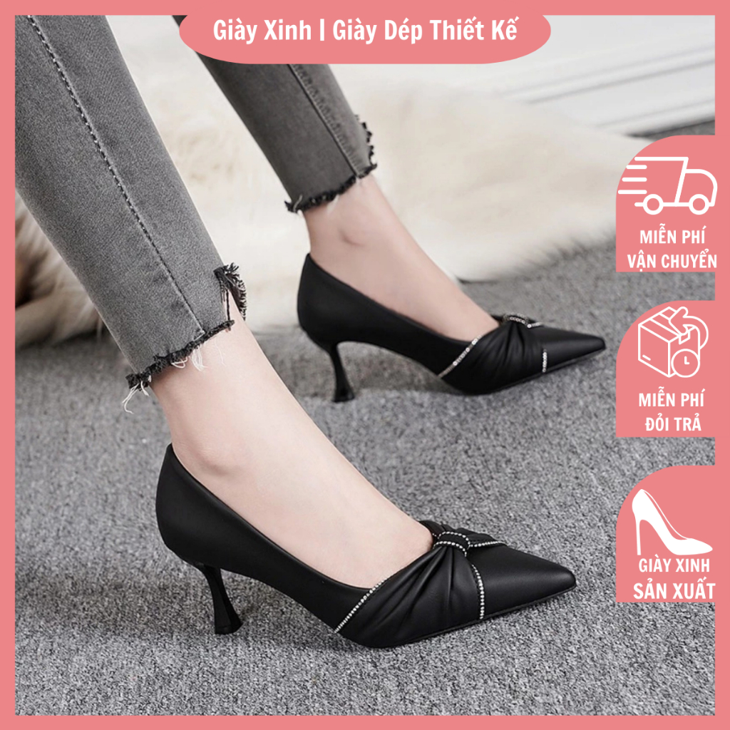 Giày cao gót nữ da mềm gót nhọn bít mũi nơ đá - G108