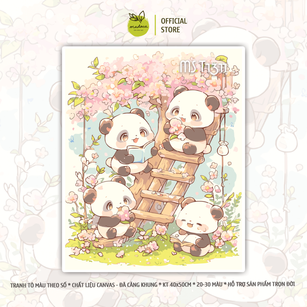 Tranh tô màu theo số, tranh số hóa Gấu trúc Panda vui chơi với hoa đào, căng khung 40x50cm- T1311