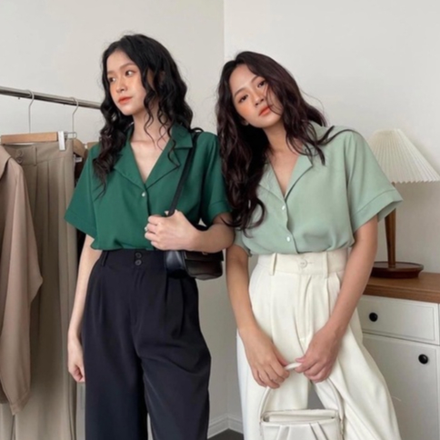 Áo sơ mi cổ vest cộc tay đũi lụa