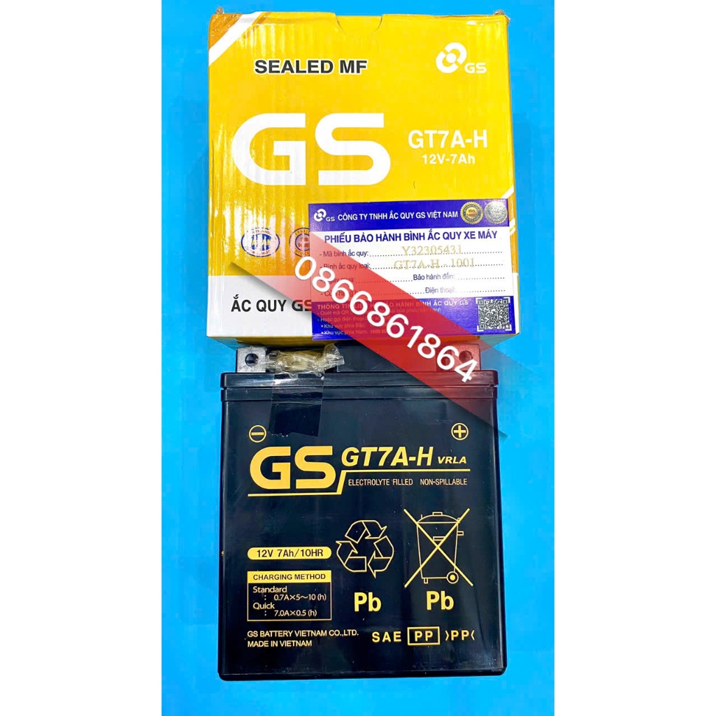 Bình Ắc Quy Khô Hiệu GS (SỈ 38x) cho xe SH, DYLAN, @, PS (GT7A-H) 12V-7Ah
