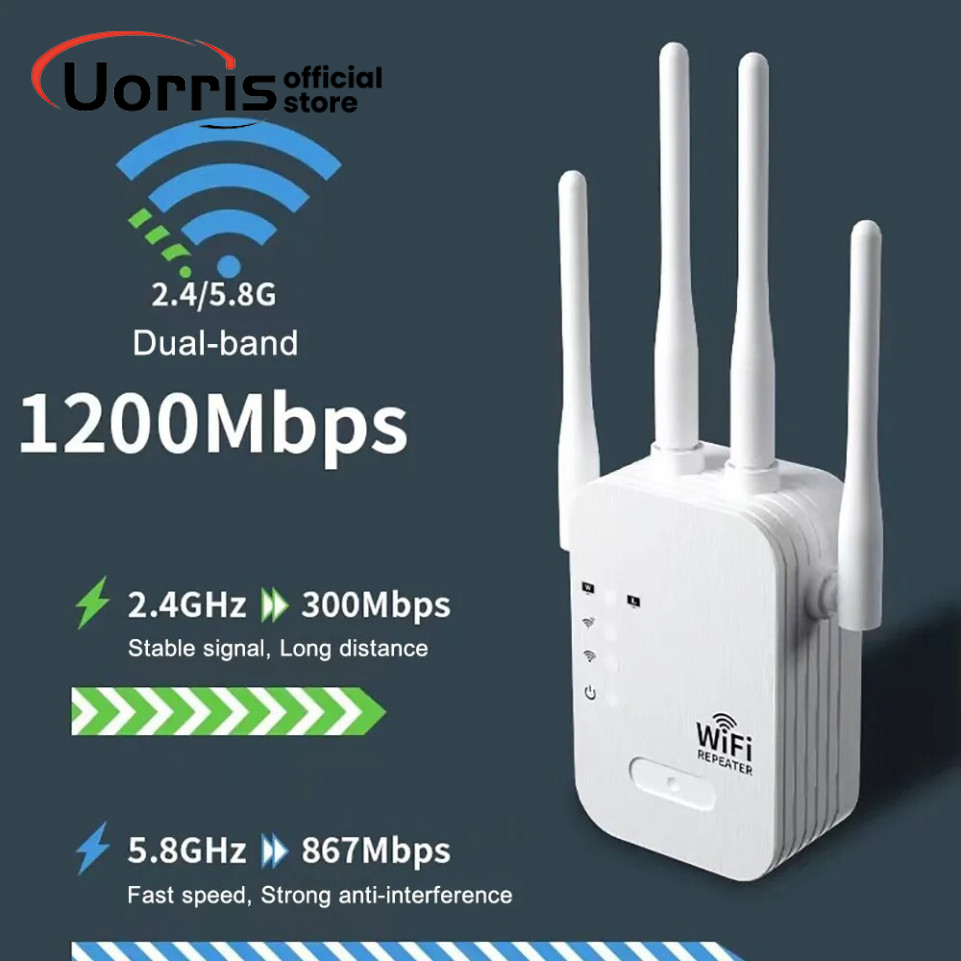 Kích sóng Wifi 4 râu tốc độ cao 1200mpbs 5G / 2.4G 300Mbs. Mở rộng vùng phủ sóng, cải thiện tốc độ mạng Wifi
