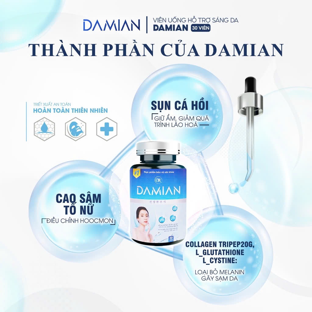 DAMIAN Viên Uống Trắng Da Chứa Glutathione Giúp Trắng Da, Căng Bóng, Mờ Thâm Nám, Hết Tàn Nhang, Sau 1 Liệu Trình