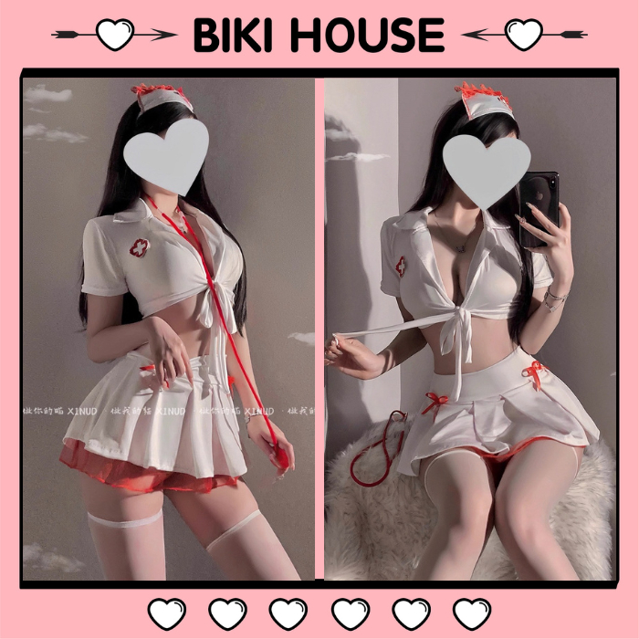 Bộ đồ hóa trang nữ y tá xẻ ngực gợi cảm dễ thương set ngủ cosplay bác sĩ dáng xòe viền ren xinh quyến rũ BIKI HOUSE N751