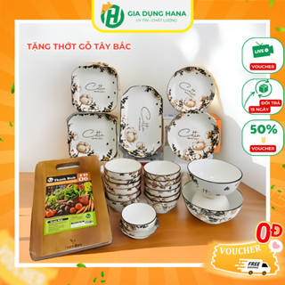Bộ Bát Đĩa Hoa Hồng Pháp 22 Chi Tiết Tặng Kèm Thớt Gỗ Tây Bắc Cao Cấp Bền Đẹp M66