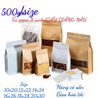 {500gr/1size}- Túi zipper giấy kraft 8 cạnh đáy vuông có cửa sổ (giấy nâu - giấy trắng)