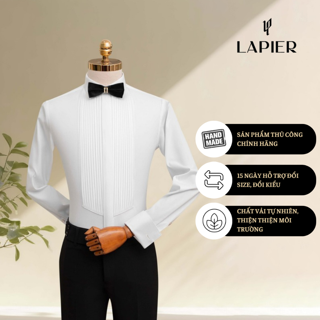 Áo sơ mi cưới nam tay dài màu trắng cao cấp LAPIER tay phối Cufflinks xếp ly dọc SM001