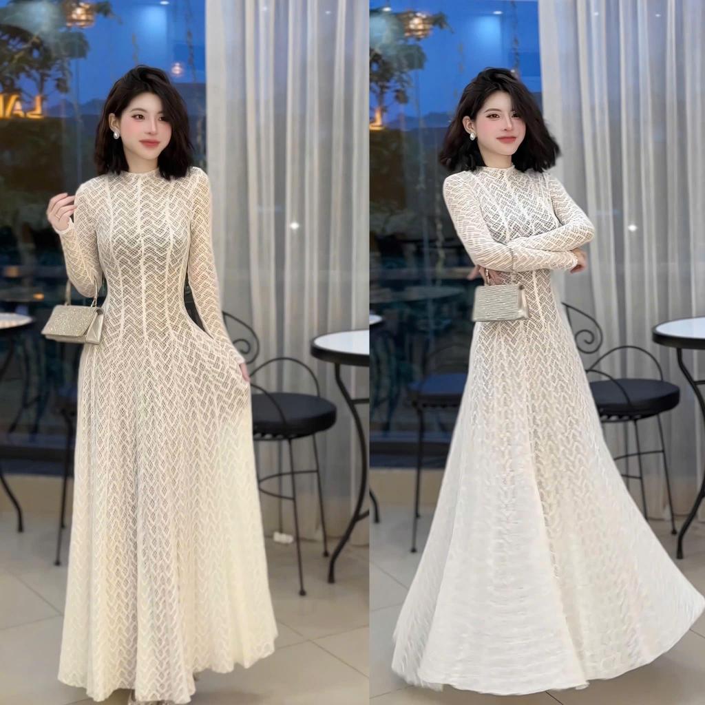 Váy ren xoè tay dài co giãn nhẹ C53 Nữ Women Dress