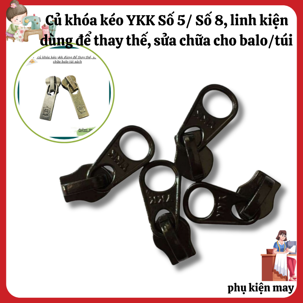 Củ khóa kéo YKK Số 5/ Số 8, linh kiện dùng để thay thế, sửa chữa cho balo/túi xách,...