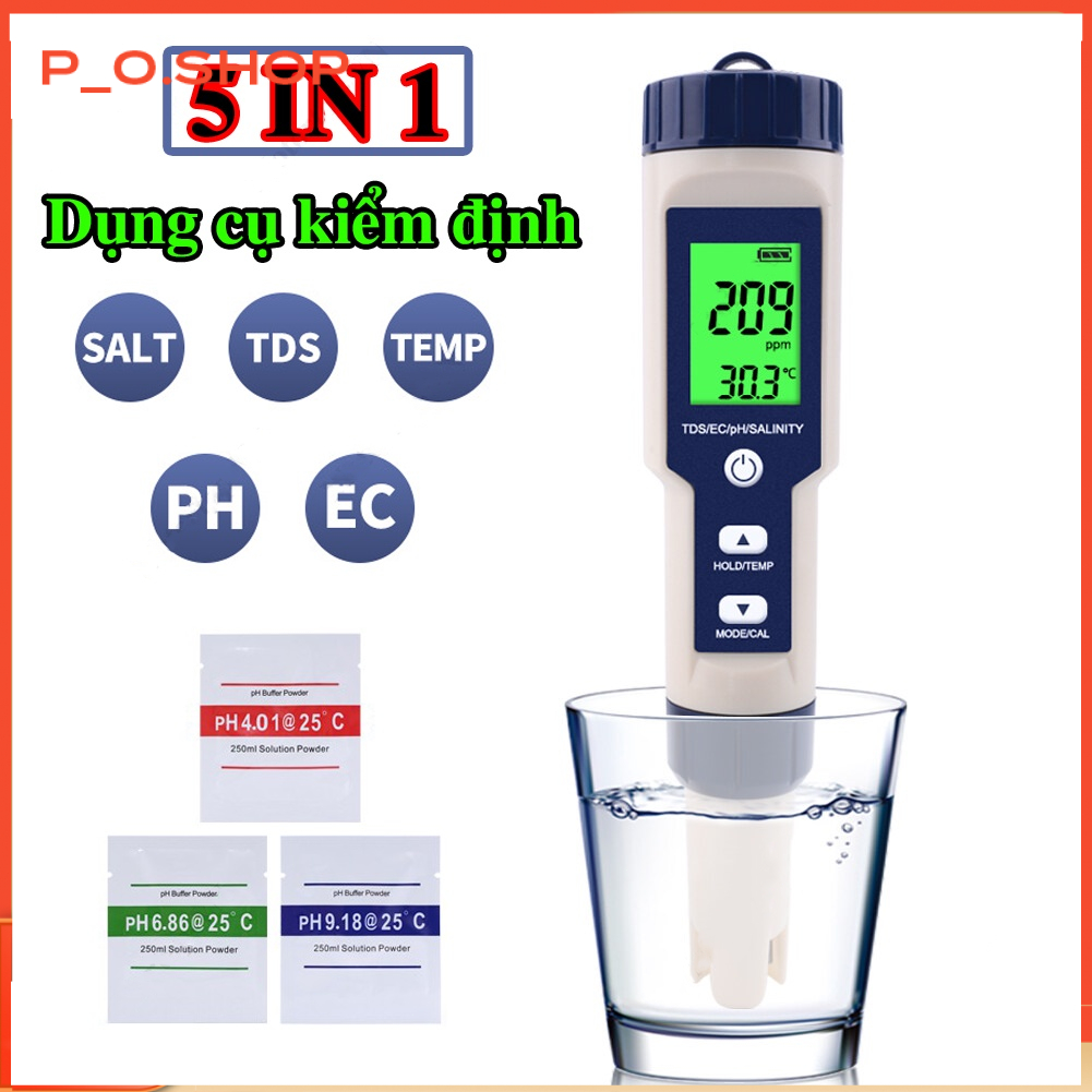 【🔥Rẻ】Bút kiểm tra chất lượng nước, đo độ mặn nước 5 là 1 pH/TDS/EC/độ mặn/nhiệt độ, kèm theo 3 gói p