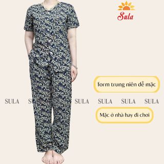 Bộ đồ trung niên cho mẹ SULA lụa cài cúc chấm bi cho mẹ, ms520 bộ lụa cài cúc chấm bi