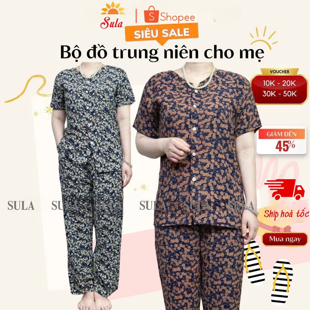 Bộ đồ trung niên cho mẹ SULA lụa cài cúc chấm bi cho mẹ, ms520 bộ lụa cài cúc chấm bi