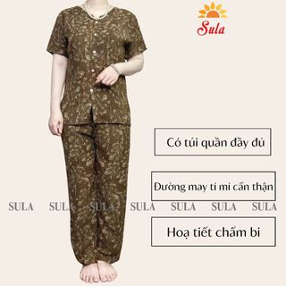 Bộ đồ trung niên cho mẹ SULA lụa cài cúc chấm bi cho mẹ, ms520 bộ lụa cài cúc chấm bi