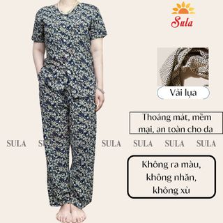 Bộ đồ trung niên cho mẹ SULA lụa cài cúc chấm bi cho mẹ, ms520 bộ lụa cài cúc chấm bi