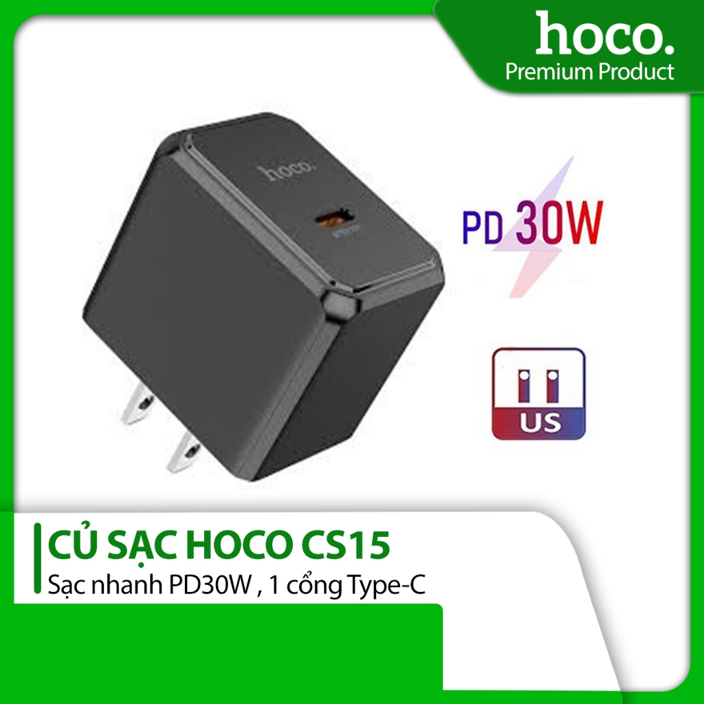Củ sạc nhanh PD30W Hoco CS15 chân dẹt 1 cổng Type-C chất liệu ABS