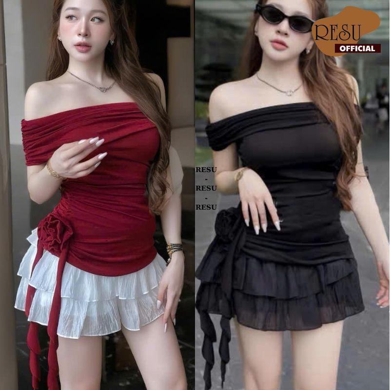 Áo Trễ Vai Kiểu Đính Hoa Hồng Dáng Ôm Sang Chảnh Màu Đỏ Đen Trắng Đi Tiệc Đi Biển Dự Tiệc Sinh Nhật RESU