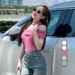 Áo thun trễ vai phối hoa hồng chất co giãn TiQi Jeans A127