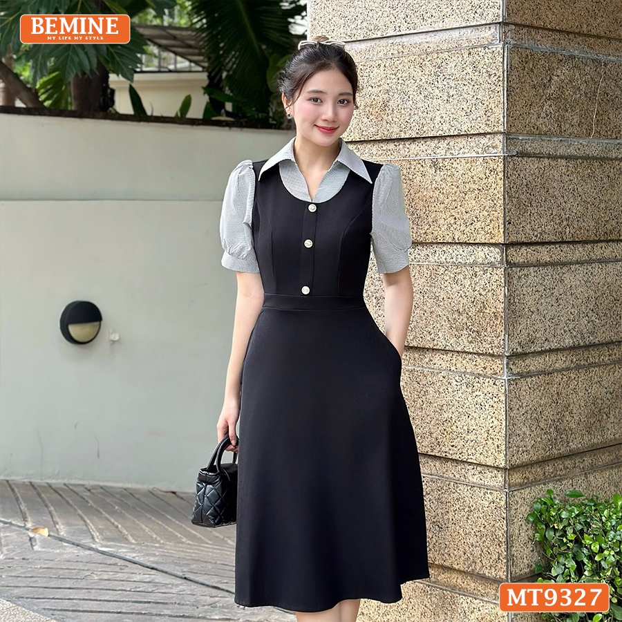 Đầm thiết kế cổ sơ mi kiểu giả yếm đính cúc BEMINE MT9327