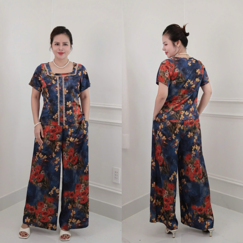 ( Hàng cao cấp ) Set đồ trung niên cách điệu, đồ bộ cho mẹ,áo kiểu, quần dài ống rộng , chất lụa mĩ cao cấp CC47