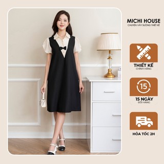 Đầm Suông MICHI House Váy Xuông Công Sở Màu Đen Cổ Sơ Mi Đính Nơ Dáng Dài Đến Gối Bigsize V747