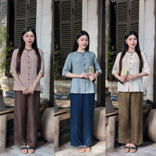 Bộ đồ lam đi chùa  nữ đẹp, quần áo đi chùa Thiên Di pháp phục lễ phật chất vải đũi vân D41