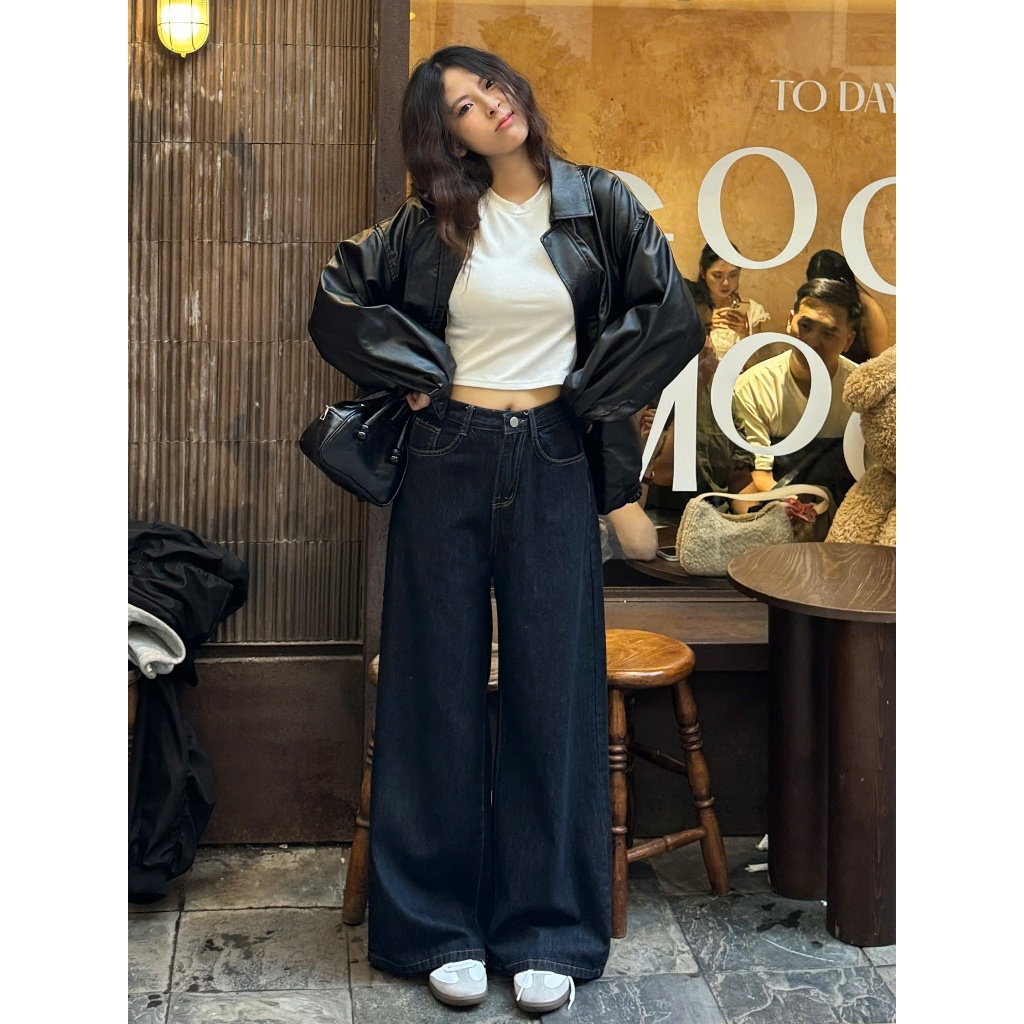 [MINI004 - JEANS PREMIUM] Quần jeans nữ ống rộng cạp cao MÀU THAN chỉ vàng cá tính | BigBuy360 - bigbuy360.vn