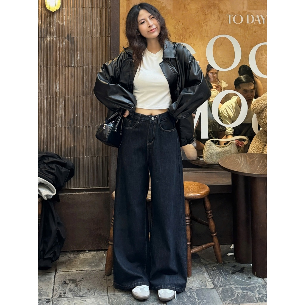 [MINI004 - JEANS PREMIUM] Quần jeans nữ ống rộng cạp cao MÀU THAN chỉ vàng cá tính | BigBuy360 - bigbuy360.vn
