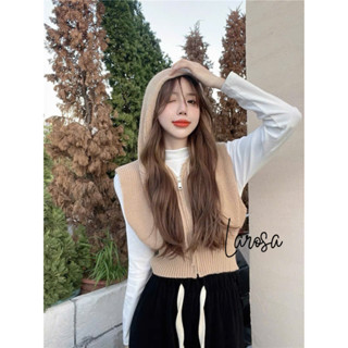 Áo gile nữ , áo gile len nữ có mũ khoá kéo dáng ngắn chất len dệt kim mềm hàng QCCC loại 1 phong cách vintage trẻ trung