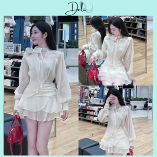 Set Tiểu Thư Chất Liệu Tơ Xốp Gồm Áo Sơ Mi Buộc Nơ Cổ Dài Tay + Chân Váy Nhún Eo Dáng Xoè Nhún Bèo Tầng