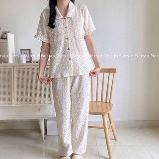 Đồ mặc nhà Nersin bộ dài tay ngắn Pyjma chất liệu xô muslin cao cấp
