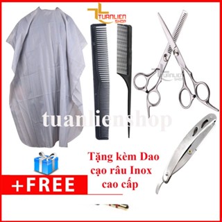 Kéo cắt tóc và tỉa tóc tặng 2 cây lược, áo choàng cắt tóc và dao cạo râu