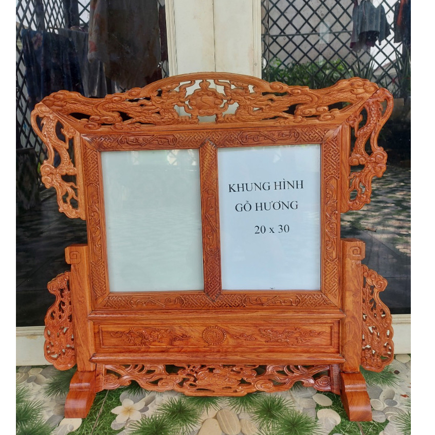 Khung ảnh thờ đôi tứ linh gỗ hương không vách ngăn kt mỗi ảnh 20x30 cm
