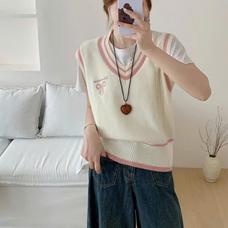 Áo Gile Len Nữ Ulzzang Hàn Quốc Thêu Nơ, Áo Ghile phối viền siêu xinh Freesize Cổ Chữ V Phong Cách Trẻ Trung GL8120