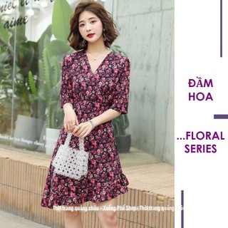 Đầm Hoa Dáng Suông Cổ V Có Dây Cột Eo Style Hàn Quốc QC 78