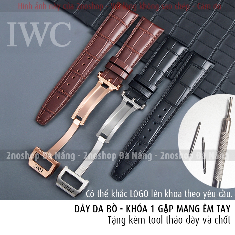 Dây da bò khóa gập 1 bên cho đồng hồ IWC Portuguese khắc logo Orient Star Hamilton Seiko - D2314