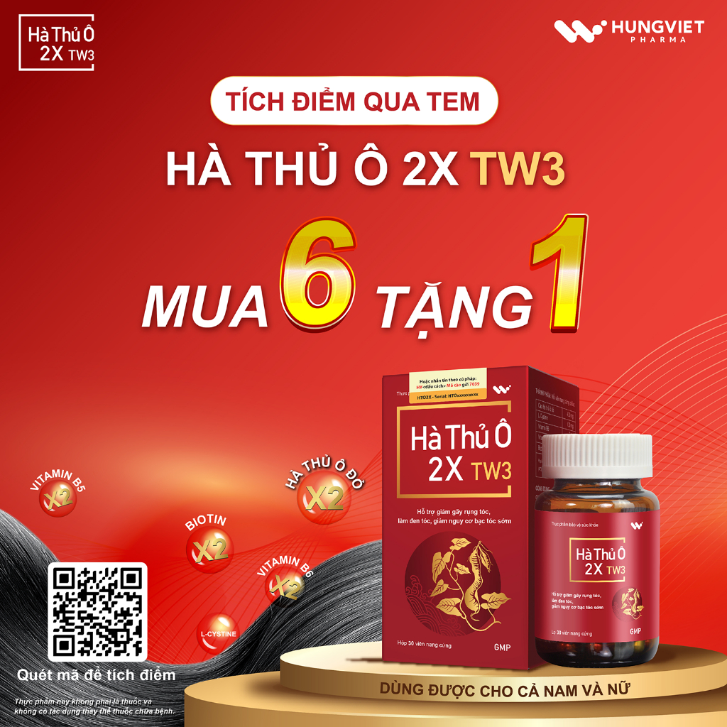 Viên uống HÀ THỦ Ô 2X TW3 - Hỗ trợ giảm nguy cơ tóc bạc sớm, ngăn rụng tóc HungViet Pharma lọ 30v