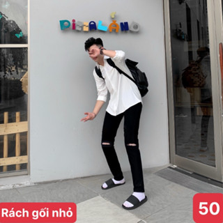  Quần jean nam rách gối màu đen trơn chất bò cao cấp co dãn 4 chiều đẹp form dáng skinny boy phố HAVADOSHOP C81 mới 