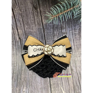 Kẹp búi lưới handmade đen vàng viền đen đính hoa trắng K40