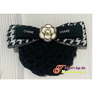 Kẹp búi lưới handmade nơ sọc hoa trắng cao cấp K31